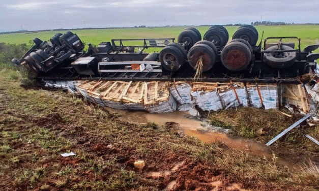 CAMINHÃO COM AGROTÓXICOS TOMBA E SAI DA PISTA NA BR-116, EM CRISTAL