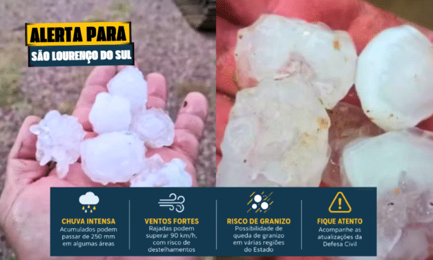 FRENTE FRIA TRAZ RISCO DE TEMPORAIS, GRANIZO E VENTOS ACIMA DE 90 KM/H NO SUL DO ESTADO